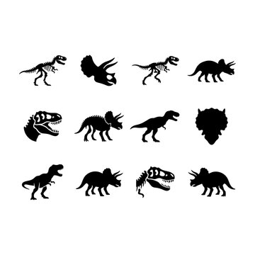 Dinosaur silhouettes and fossil skeletons vector set icons with dinosaur