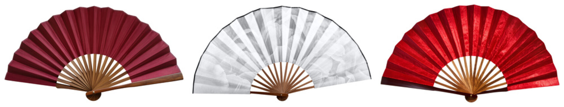 Three traditional folding fans, one dark red, one white with grey pattern, and one bright red, isolated on a white background.