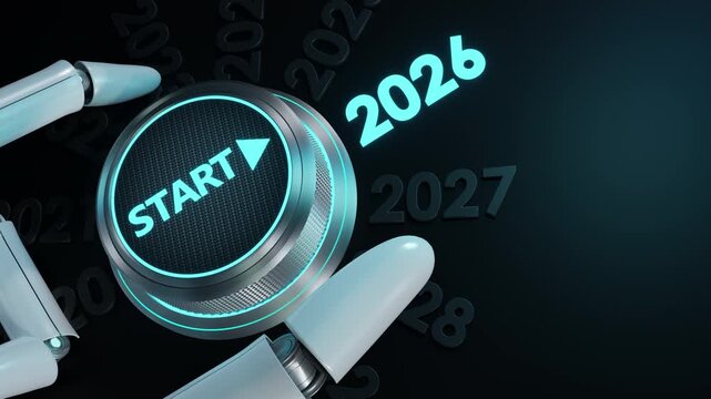 happy new year 2027,Robot hand to twist the start button 2027 with the text 2026,2027,2028 and start on twist button.Concept of Robotic planning,ai agent,start up technology,business strategy