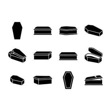 Coffin and casket icon set showing different mortuary service containers