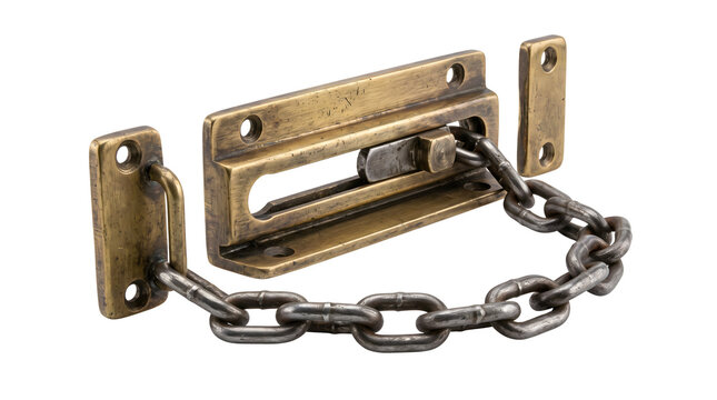 Antique brass door chain lock with heavy metal links for home security hardware units.