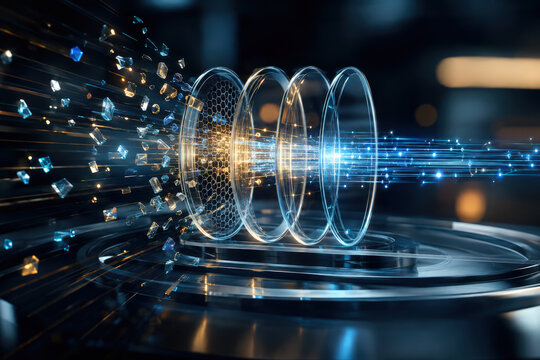 Technology innovation transformation resilience adaptability blue light lens glass optical science digital energy futuristic abstract