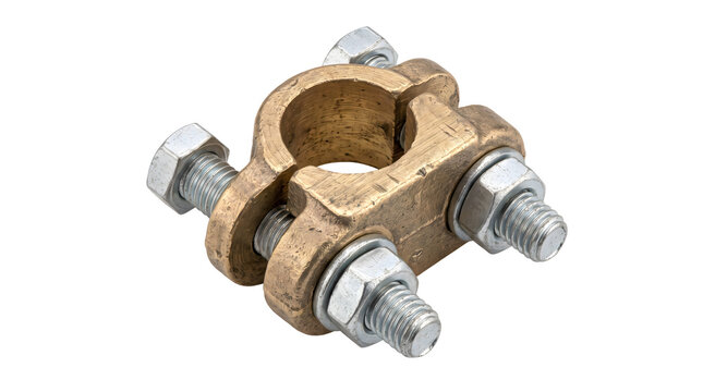 Battery terminal connector made of brass and silver bolts used for electrical wiring.