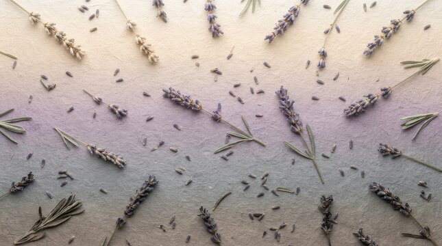 Scattered dried lavender flowers and seeds on textured background
