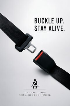 Car seatbelt unbuckled close up with safety text and driver icon, road safety concept image.