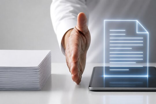 Hand rejecting a large stack of paper in favor of a glowing digital document hologram on a tablet, paperless office concept.