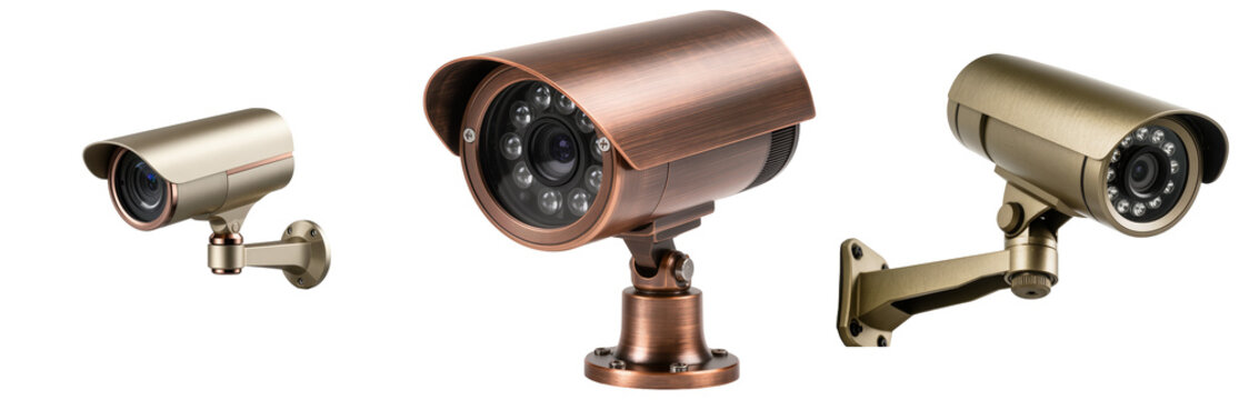 Three security cameras with IR LEDs, isolated on a white background