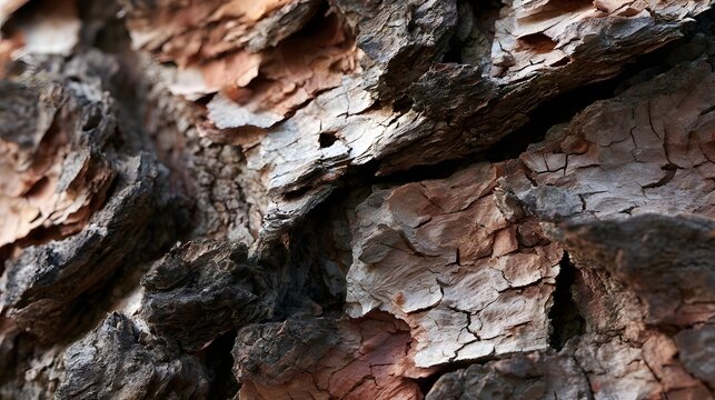 Close up of layered cracked pine bark showing organic textures under soft natural lighting
