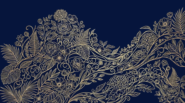 Luxurious golden floral pattern border with ferns and roses on a dark blue background