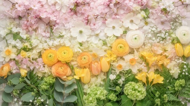 A beautiful arrangement of spring flowers in various pastel colors