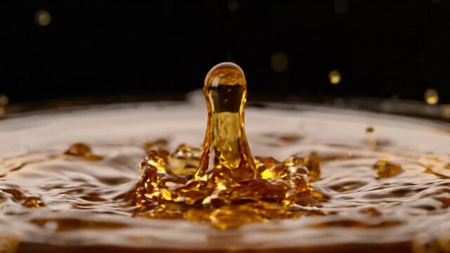 Golden liquid drop creates a splash crown pattern in slow motion