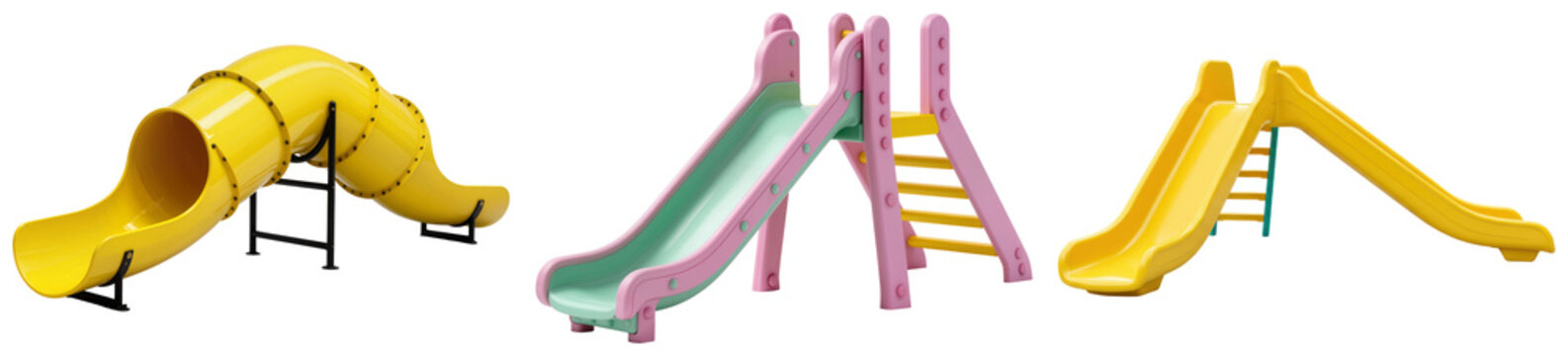 Three colorful playground slides isolated on a white background