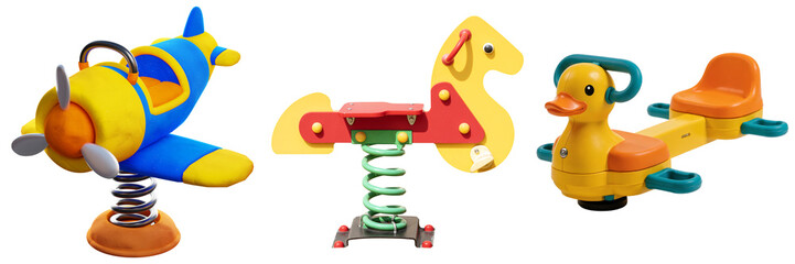 Set of three colorful playground spring riders: an airplane, a horse, and a duck, isolated on a white background. © BaoNgoc
