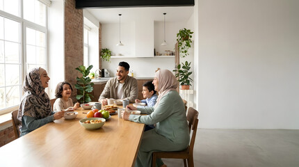 Fototapeta premium Muslim family dining in modern kitchen.