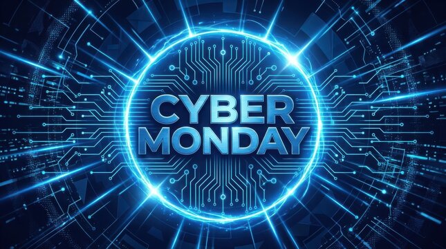 Cyber monday digital technology concept featuring glowing circuit board background and neon blue futuristic light.