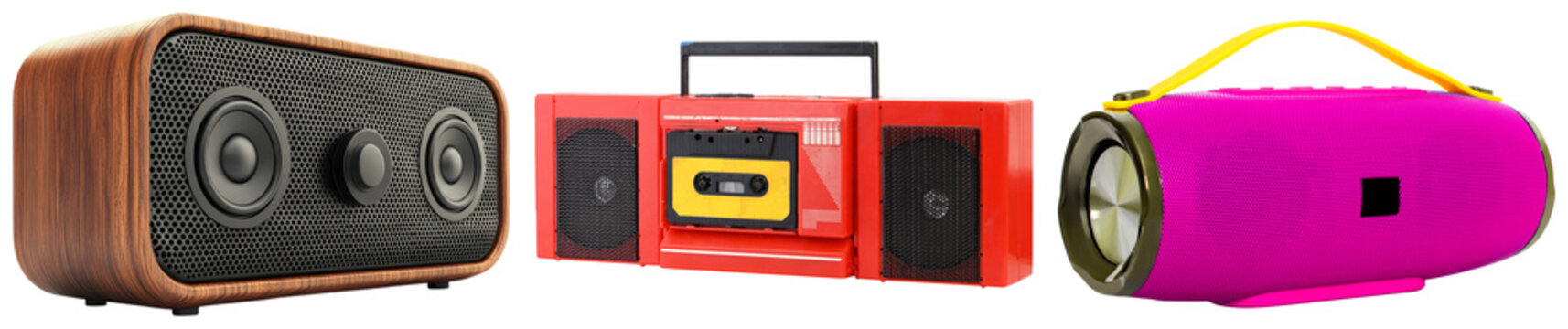 Three portable audio devices: a wooden retro speaker, a red boombox with a cassette tape, and a pink modern speaker with a yellow handle, isolated on a white background.