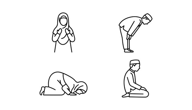 Muslim prayer positions outline vector icon set featuring salah postures including ruku sujud sitting and dua isolated on white background design