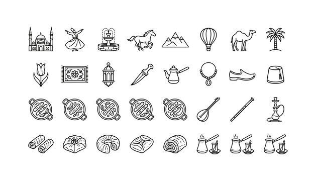 Turkey travel culture and traditional Turkish food outline line icon set featuring mosque dervish carpet tea kebab and baklava vector illustration