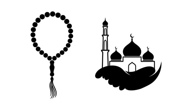 Islamic silhouette vector icon set featuring tasbih prayer beads and mosque building with minaret isolated on a clean white background design