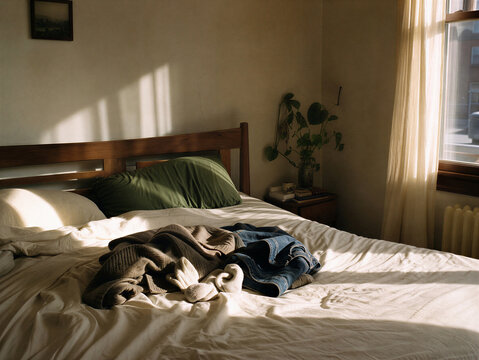 Unmade bed with casually tossed clothes in a sunlit bedroom. Authentic lived-in home interior with morning sunlight