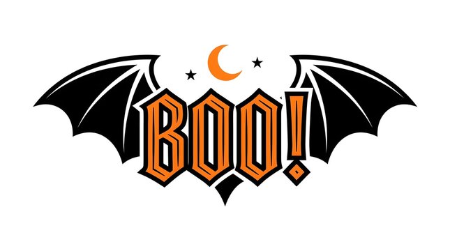 A spooky and delightful halloween typography design featuring a bat crescent moon and the word 'boo ' for festive celebrations