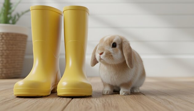 Adorable lop-eared fluffy baby rabbit hiding behind bright yellow rubber rain boots indoors on light wooden floor for playful spring season and easter holiday concept