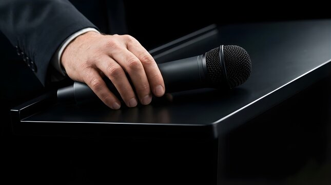 Businessman holding a microphone on a podium for a public speech event