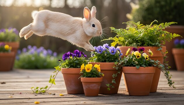 Cute fluffy baby rabbit hopping between flower pots with blooming colorful pansies on a rustic wooden patio in a sunny garden for joyful Easter animal vitality concept
