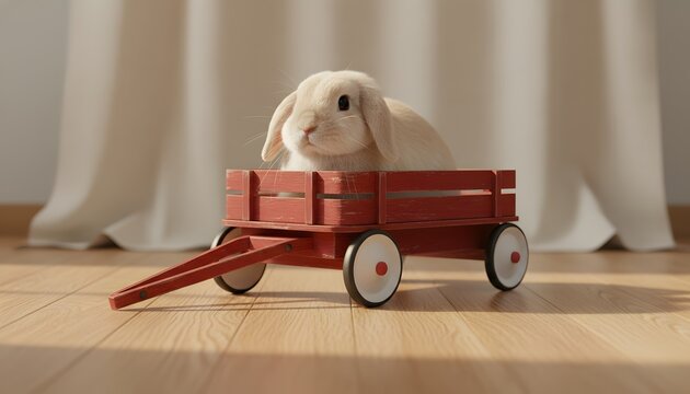 Adorable fluffy cream rabbit sitting in childs red wooden wagon on wooden floor with soft curtain background for domestic pet lifestyle and playful childhood concept