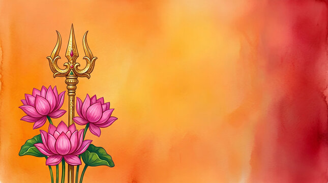 Watercolor Background with Golden Trident and Pink Lotus Flowers for Durga Puja