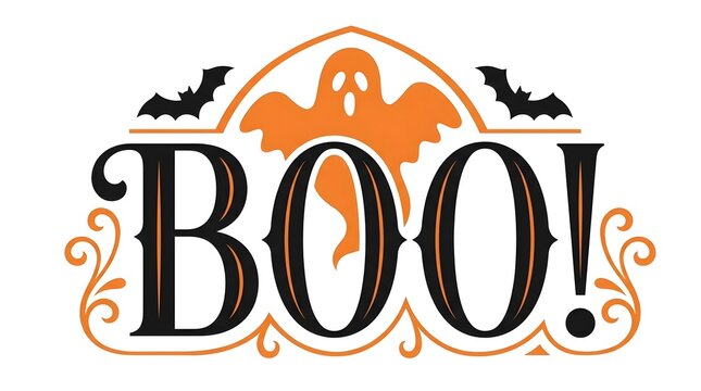 This delightful halloween typography design features a spooky 'boo ' message with charming ghostly and bat illustrations perfect for festive celebrations