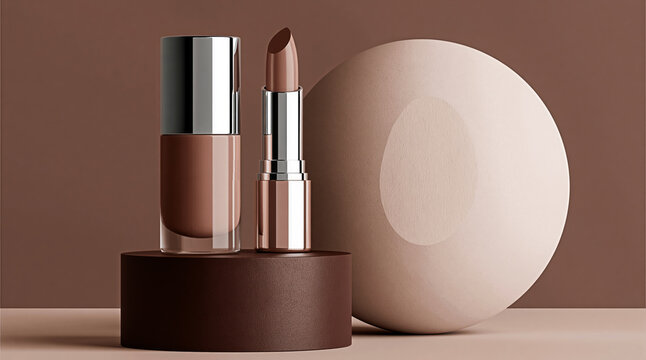  product shot features a brown liquid foundation bottle and a matching lipstick on a dark brown cylindrical pedestal