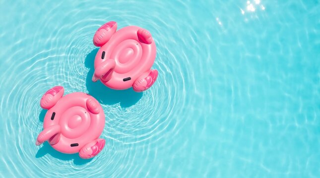 Inflatable flamingo pool floats drifting in aqua blue swimming pool water, refreshing tropical summer vacation atmosphere