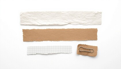 Obraz premium Collection of mixed torn paper pieces including white paper strip, kraft paper, grid note and small scrap with paperclip on transparent background