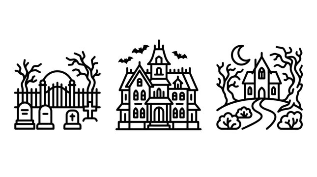 Haunted castle mansion cemetery gates and spooky landscape line art icons set with cemetery tombstone halloween landscape architecture graveyard silhouette illustration collection pictogram