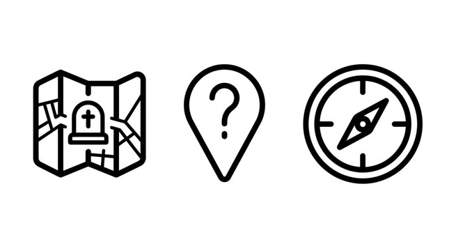 Treasure map with grave location pin pointer and navigation compass line art icons set location navigation direction adventure treasure destination question illustration collection pictogram