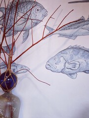 Minimalist coastal home decoration featuring artistic fish pattern wall art wallpaper with dried red tree branch in elegant glass vase bottle ornament.Cozy coastal room decor containing ocean theme  © AndreaMonica