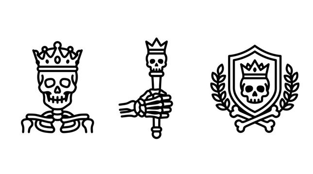 Royal skeleton king crown scepter and crest shield line art icons vector illustration with skeleton illustration character medieval authority heraldry sovereign