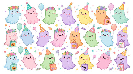 Obraz premium Cute Kawaii Pastel Halloween Ghosts Pattern Background Featuring Festive Party Hats Floral Crowns Candy Bags Balloons And Colorful Confetti Elements For Whimsical Seasonal Celebration