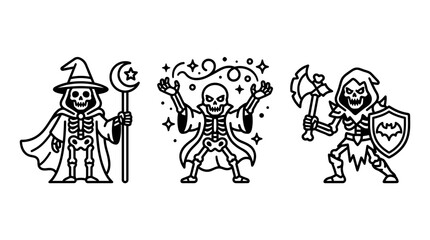 Fototapeta premium Skeleton wizard and warrior icons set featuring magic wand moon hat spell casting spells and battle axe outline vector illustration skeleton sorcerer monochrome character halloween collection