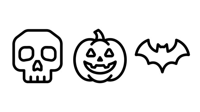 Halloween minimalist line art vector icons featuring human skull carved jack-o-lantern pumpkin flying bat halloween jackolantern illustration minimalist collection celebration mysterious