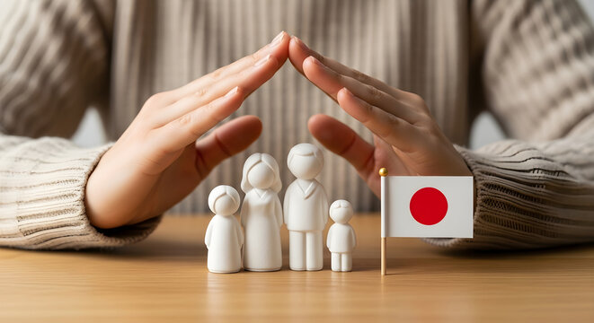 Hands Protecting a Miniature Family Figurines Set with a Japanese Flag Symbolizing National Welfare and Social Security Support