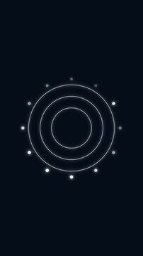A white monochrome geometric zodiac wheel star map expands three concentric rings outward twinkling twelve star nodes with soft particle glow on a deep space navy background