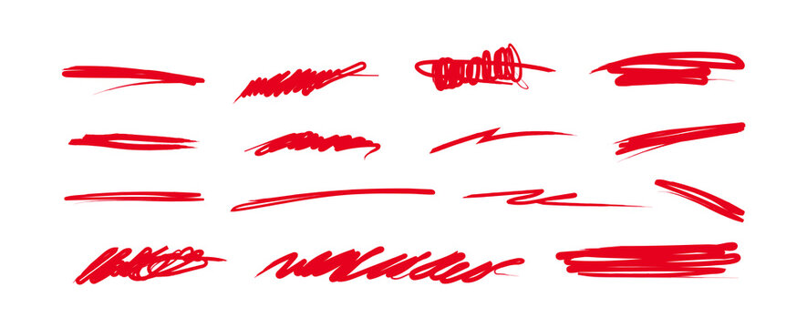 Red hand-drawn marker underlines and scribbles set, highlighter brush strokes, correction marks and strike through lines on transparent background