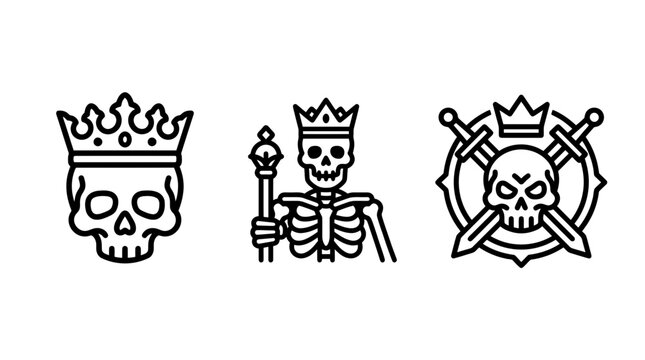 Royal king skeleton and skull icons with crown scepter crossed swords in a black outline vector design skeleton heraldry isolated illustration halloween authority sovereign