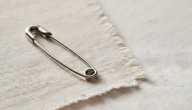Closed metallic safety pin on fabric swatch with frayed edges for tailoring craftsmanship textile repair and fashion industry concept in clean bright macro shot