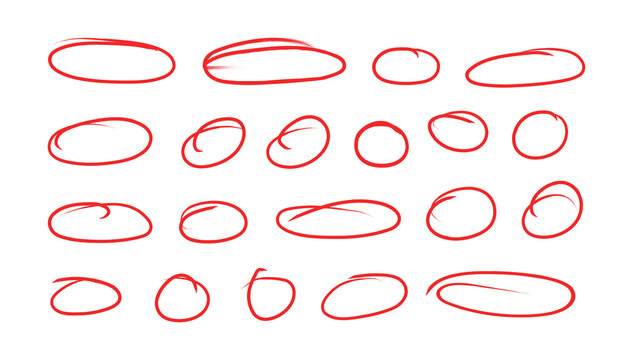 Red hand drawn marker circles and ovals collection, highlight rings and correction marks, hand-drawn scribble doodle shapes on transparent background, PNG.