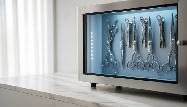 Professional hairdressing salon tools in sterilizer cabinet with ultraviolet light on marble counter for hygiene and sanitation concept