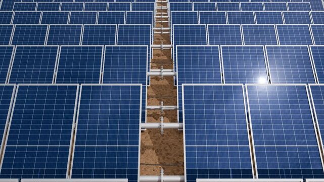 Solar panels in desert mountain landscape.Modern blue solar panel of a photovoltaic power plant in a desert environment in sunny weather.
