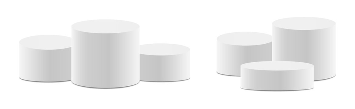 Set of 3D White Cylinder Podiums Pedestals for Product Display and Presentation Isolated on Transparent Background, Minimalist Round Stage for Awards, PNG.